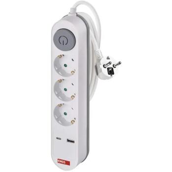 Emos Удлинитель P1322PD, 2м, 3× 2P + PE, 3680W, 1× USB-A, 1× USB-C, выключатель, защита от детей (P1322PD)