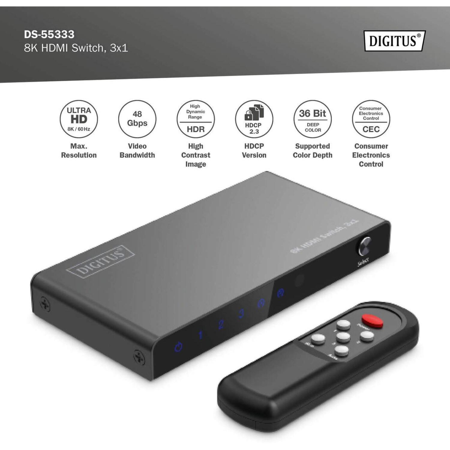 Digitus HDMI коммутатор, 3x1, DS-55333, 4xHDMI, 48Gbps, металлический корпус, поддержка HDR (DS-55333)