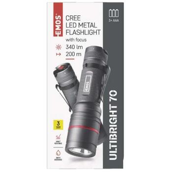 Emos CREE LED металлический фонарик P3170, 340 lm, 3x AAA, алюминий, IP65, 2 режима, 200 м дальность (P3170)