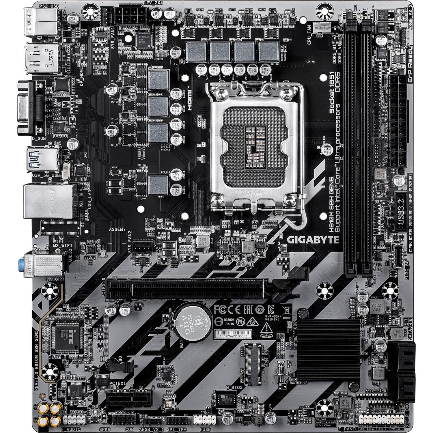 Gigabyte H810M S2H GEN5, материнская плата, LGA1851, 4 x SATA-600, 1 x M.2, DDR5, Gigabit Ethernet, HD Audio (H810M S2H GEN5)