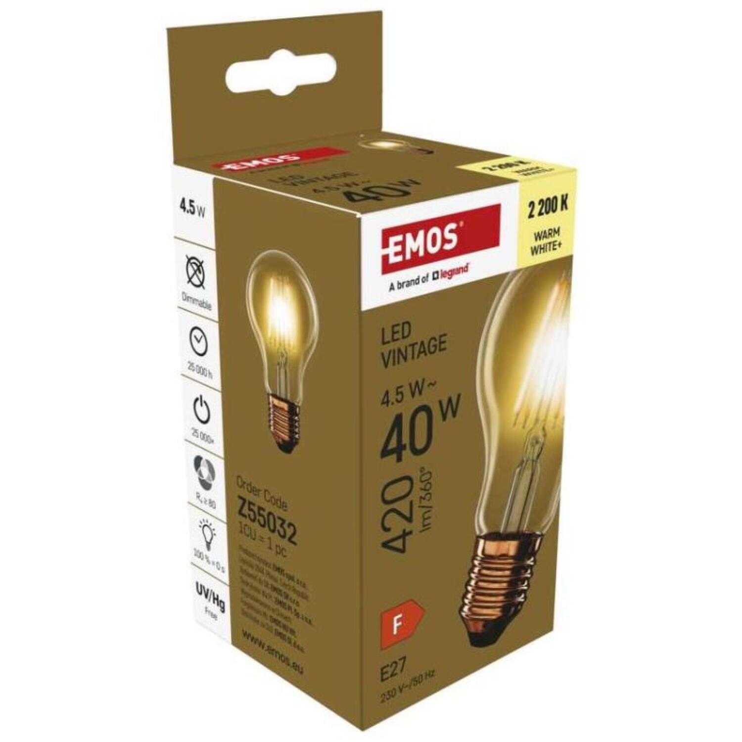 Emos LED лампочка Vintage A60 Z55032, 4,5 Вт, 420 лм, 230 В/50 Гц, 320°, 2200 K, E27, 25 000 часов, 4 чипа, теплый белый (Z55032)