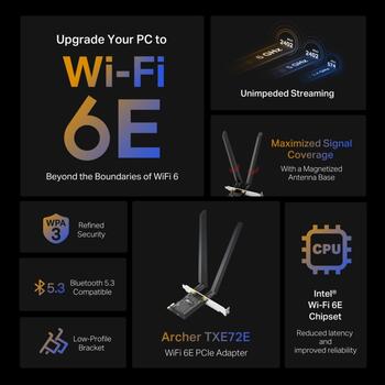 TP-Link Archer TXE72E AXE5400 Wi-Fi 6E Bluetooth 5.3 PCIe адаптер, 2402+2402+574 Мбит/с, 2 антенны, WPA3 (ARCHER TXE72E)