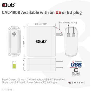 Club3D зарядное устройство CAC-1908EU 100W, USB Type-C, PD 3.0, 100-240VAC, 5V/9V/12V/15V ≤ 3A, 20V ≤ 5A, OCP, OVP, SCP, OTP (CAC-1908EU)