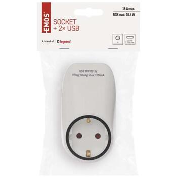 Emos Розетка P0072, 1x2P+PE, 2xUSB 5V DC 2100mA, IP20, 3680W, защита от детей (P0072)