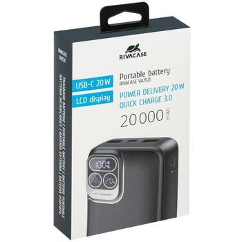 Rivacase Power Bank akumulators VA2521, 20000 mAh, 20W PD, 2xUSB-A, 1xUSB-C, LCD displejs, pelēks (VA2521)