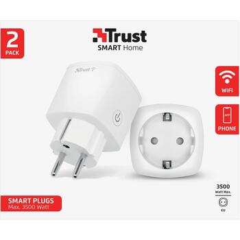 Trust viedā kontakligzda 71301, 2 gab., WiFi 2,4GHz, 3000W, balta, iekštelpām, Google Home, Alexa (71301)