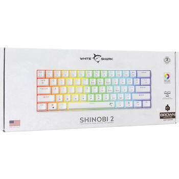 White Shark SHINOBI-2-W-US-BROWN.SW, механическая игровая клавиатура, 61 клавиша, раскладка US, USB, 1,8 м, RGB, белая (SHINOBI-2-W-US-BROWN.SW)