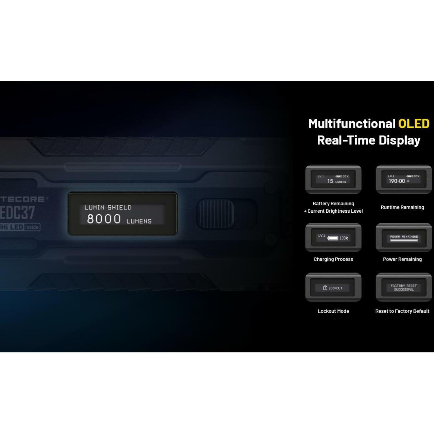 Nitecore EDC37 gaismas lukturis, 8000 lm, 420 m, 8000 mAh Li-Ion akumulators, USB-C uzlāde, OLED displejs, IP54 (EDC37)