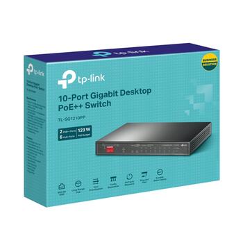 TP-Link TL-SG1210PP гигабитный настольный коммутатор 6× PoE+ 2× PoE++ 9× RJ45 1× combo SFP RJ45 fanless 20 Gbps бюджет PoE 123 W Черный (TL-SG1210PP)