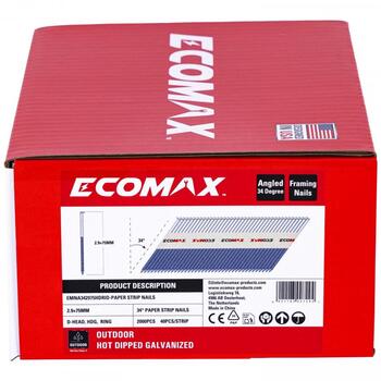 Ecomax naglas naglu pistolei EMNA342975HDRID&EMX, 75x2,9mm, 2000 gab., 34°, karsti cinkotas, rievotas, D tipa galva (EMNA342975HDRID&EMX)