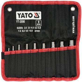 Yato набор пробойников YT-3590, 9 шт, 2.5-10 мм, углеродистая сталь #45, для резки, кожи, резины, картона, в кейсе (YT-3590)