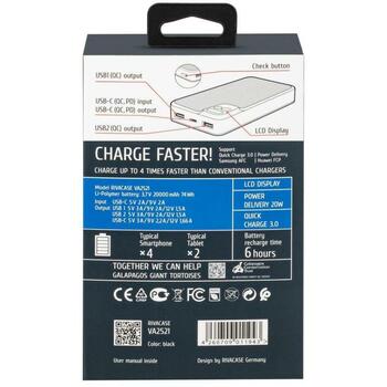 Rivacase Power Bank akumulators VA2521, 20000 mAh, 20W PD, 2xUSB-A, 1xUSB-C, LCD displejs, pelēks (VA2521)