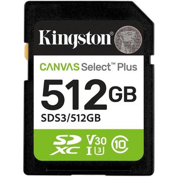 Kingston 512GB SDXC Canvas Select Plus Gen3 SDS3/512GB, 150MB/s, C10, UHS-I, U3, V30 (SDS3/512GB)