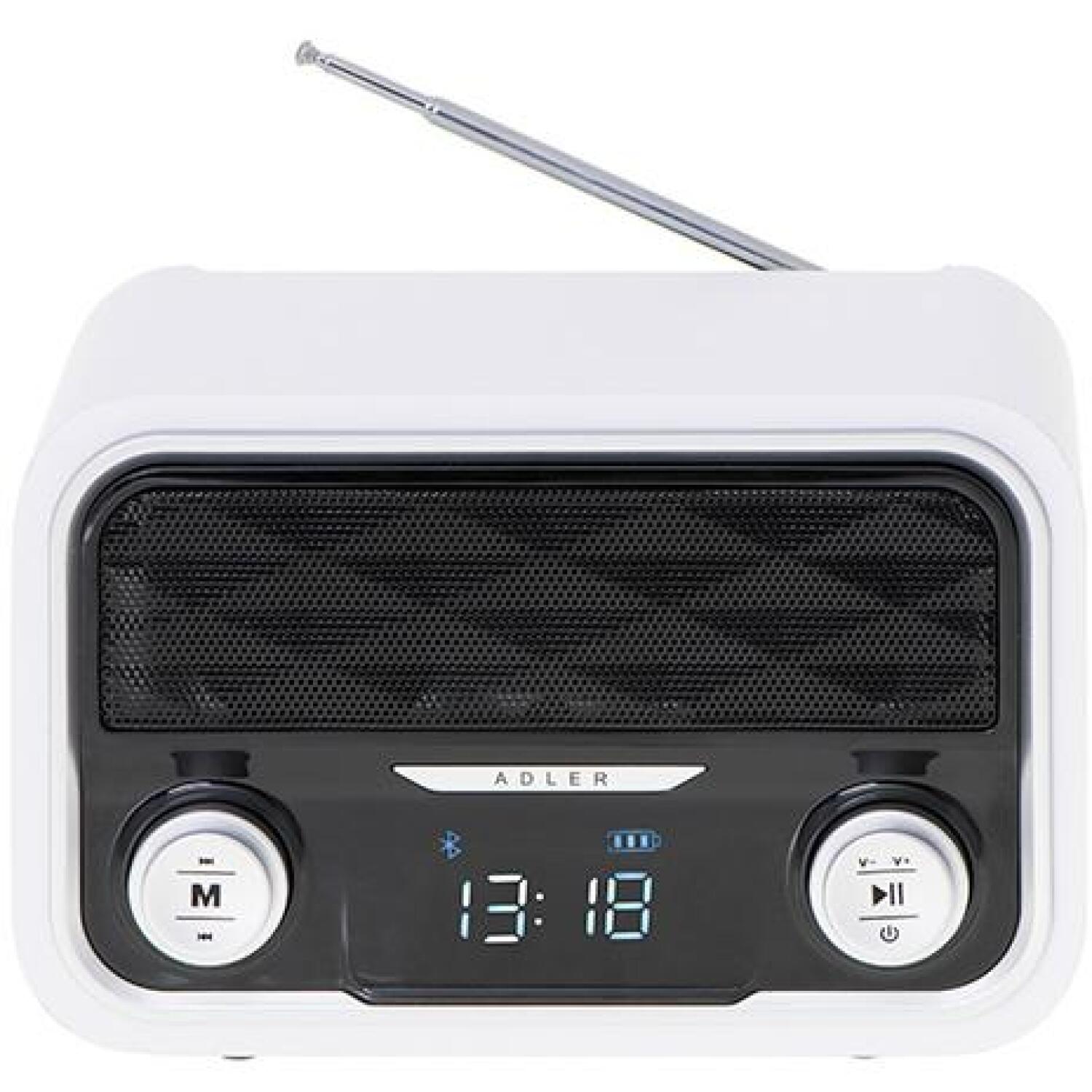 Adler Bluetooth радио AD 1185, 1800 мАч, FM 50 предустановленных станций, AUX, LCD дисплей, белый (AD 1185)