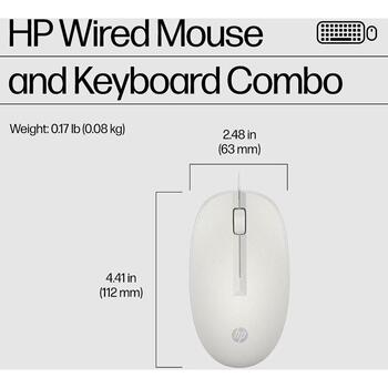 HP 225 проводной комплект мыши и клавиатуры AW5S6AA#ACB, USB, 1200 DPI, оптическая, 3 кнопки, полноразмерная, белая, для офиса (AW5S6AA#ACB)