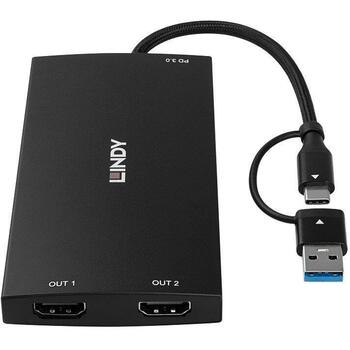 Lindy I/O конвертер 43430 USB Type A и C на Dual HDMI 4K60, 1 USB-C, 1 USB 3.2, черный (43430)