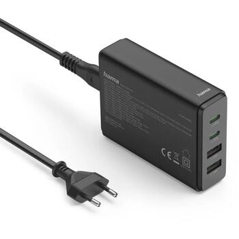 Hama 00201979 зарядное устройство, GaN, 65W, 2xUSB-C, 2xUSB-A, PD, QC 3.0, 1.5m, черный (00201979)