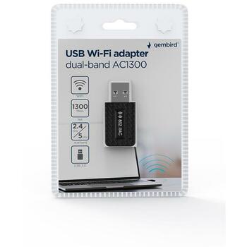 Gembird Беспроводной адаптер WNP-UA1300-03 1300 Мбит/с, USB 3.0, Двухдиапазонный 2.4 ГГц/5 ГГц, 2x2 антенна, Черный (WNP-UA1300-03)