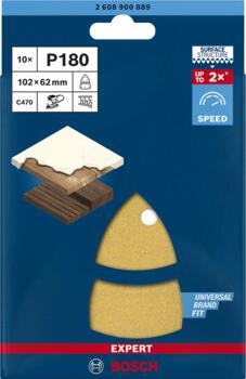 Ekspertu C470 smilšpapīrs, ātra krāsu un koka slīpēšana, 102x62 mm, 180 graudi, 11 caurumi, 10 gab., 2608900889, BOSCH (2608900889)