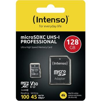 Intenso microSDXC 3433491 128GB, 100 MB/s lasīšanas ātrums, 45 MB/s rakstīšanas ātrums, UHS-I, Class 10, U3, V30, adapteris (3433491)
