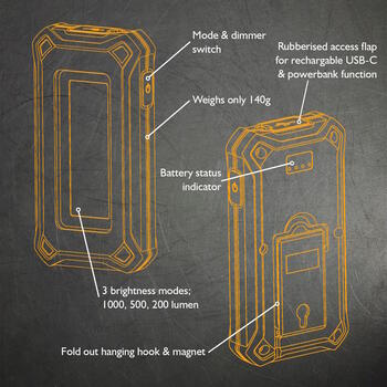 JCB viegls uzlādējams LED darba lukturis darbnīcai un būvlaukumam 1000lm 3 režīmi magnēts āķis USB Powerbank IP54 JCB-WL-PALM (JCB-WL-PALM)