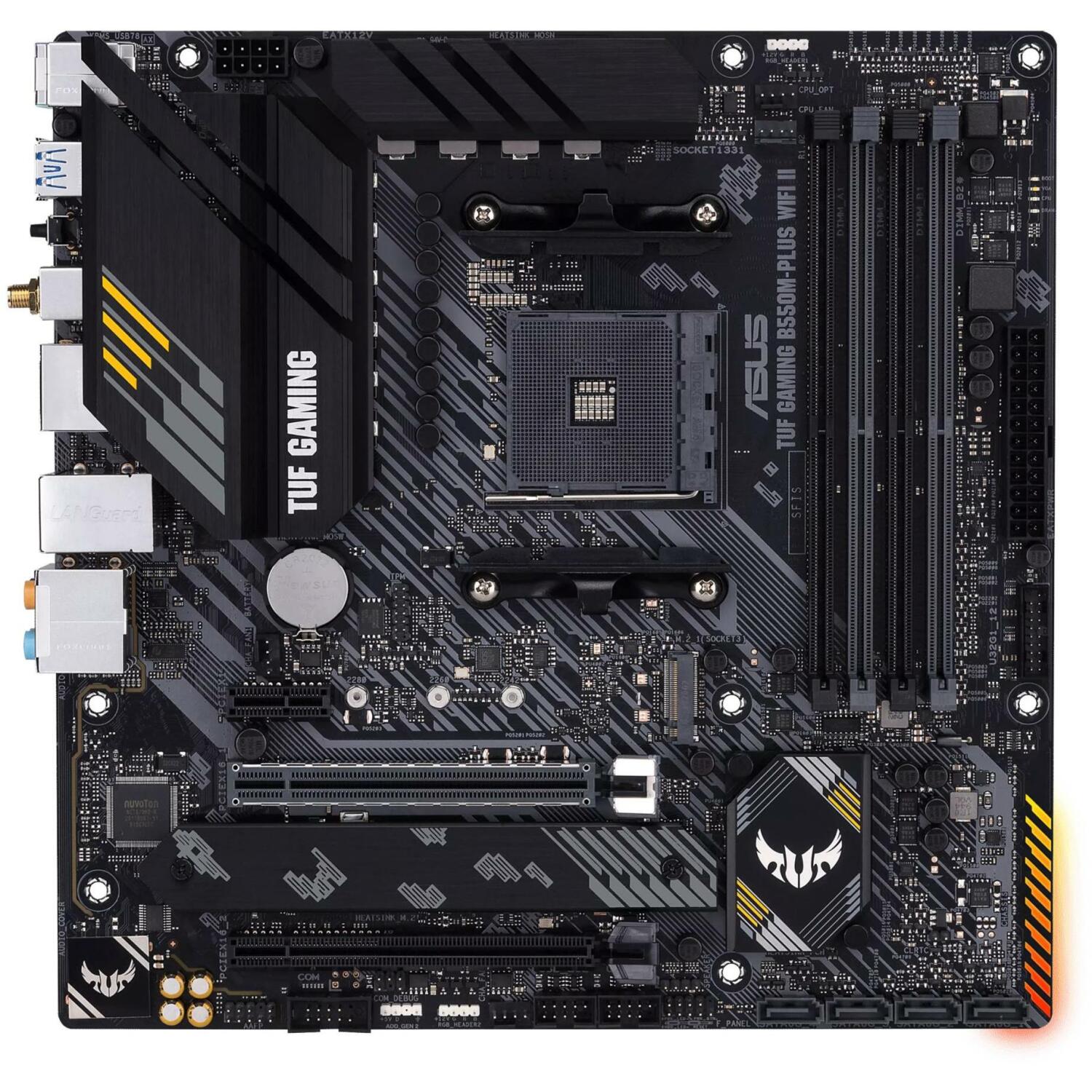 Asus mātesplate TUFGAMB550MPLUSWIFIII, AM4, DDR4, 128 GB, 2.5G Ethernet, Wi-Fi 6, 4x SATA III, 2x M.2, 7.1 audio (TUFGAMB550MPLUSWIFIII)