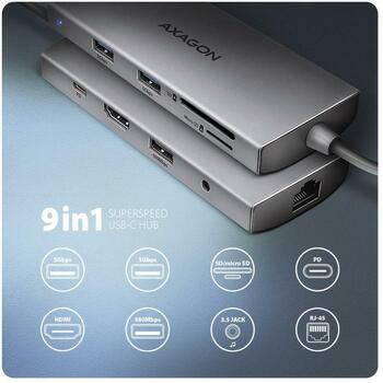 Axagon док-станция HMC-8HLSA 9в1 5Гбит/с, 3x USB 5Гбит/с, 1x USB 480Мбит/с, 1x HDMI, 1x RJ45, 1x аудио, 1x SD, 1x microSD (HMC-8HLSA)