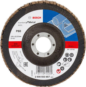 Slīpēšanas disks metālam Standard 125x22mm,60, Mazām leņķa slīpmašīnām X431 STANDARD FOR METAL VĒDEKĻVEIDA DISKI, IZLIEKTĀ VERSIJA, 2608603657, BOSCH (2608603657)
