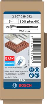 SDS plus plakanie kalti 5 gab., 20x250 mm, Perforatora urbjiem, smalcinātājiem PRO SDS PLUS-5C PLAKANO KALTU KOMPLEKTS, 2607019052, BOSCH (2607019052)