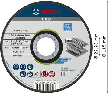 Griešanas disks INOX 115 x 22,23 x 1,6 mm, Mazām leņķa slīpmašīnām PRO STAINLESS STEEL AND METAL GRIEZĒJDISKS, 2608603170, BOSCH (2608603170)