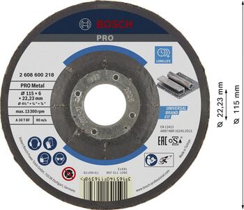 Slīpripa 115x22x6 mm metālam, Mazām leņķa slīpmašīnām PRO METAL SLĪPRIPA, 2608600218, BOSCH (2608600218)