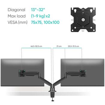 Onkron монитор, G200-B, для 2 экранов 33-81.3 см, грузоподъемность 1-9 кг, VESA 75x75, 100x100 мм, наклон -90° до +45° (G200-B)