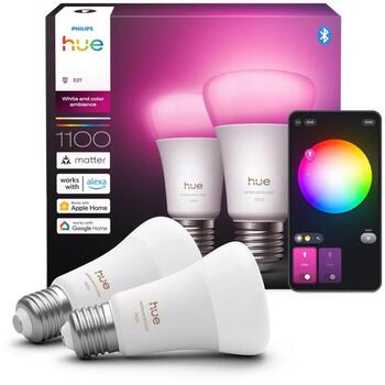 Philips Hue WCA 1100 A60 2P EU, светодиодная лампа, E27, 8.1 Вт, 1100 лм, 1000-20000 K, белый и цветной свет, Bluetooth, Zigbee (8720169365735)