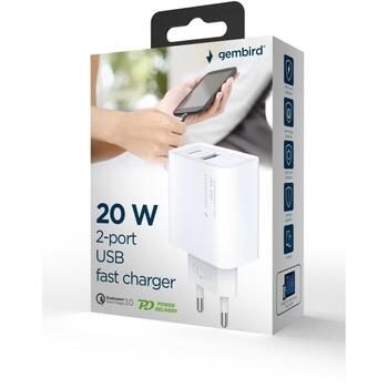 Gembird Зарядное устройство TA-UC-PDQC20-01-W 20 Вт, 1x Type-C, 1x Type-A, QC 3.0, PD, AC, A 0.5, 100-240 В, Белый (TA-UC-PDQC20-01-W)