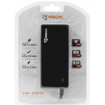 Sbox Lādētājs portatīvajiem datoriem HP-65W, 65W, 100–240V/1,8A, 19,5V/3,33A, >82%, 4,5mm x 3,0mm (HP-65W)