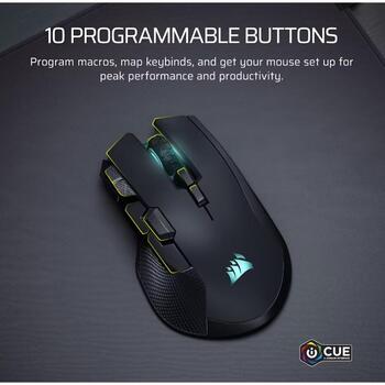 Corsair IRONCLAW SE spēļu pele CH-9317110-WW, 26000 DPI, 2,4 GHz, Bluetooth, USB-C, 10 pogas, optiskais sensors, melna (CH-9317110-WW)