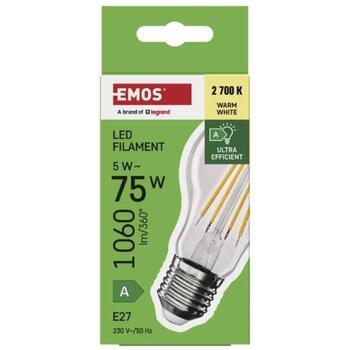Emos LED лампочка FILAMENT A60 ZF5157, 5 W, 1 060 lm, 230 V, 50 000 часов, E27, теплый белый, 360°, 4 чипа (ZF5157)