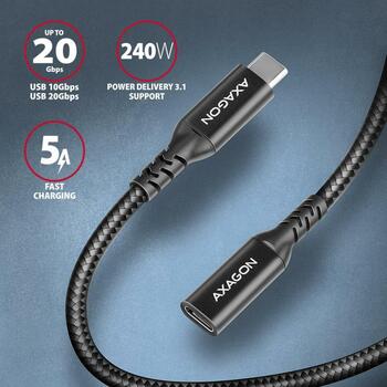 Axagon Удлинитель кабеля BUCM32-CF05AB 0.5м, черный, USB-C на USB-C, 20Гбит/с, PD 240Вт, 5А, 8K HD видео (BUCM32-CF05AB)