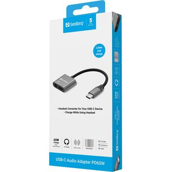 Sandberg USB-C аудио адаптер 136-67, USB-C, 3.5mm, серый, зарядка 65W, CE, FCC, RoHS, UKCA (136-67)