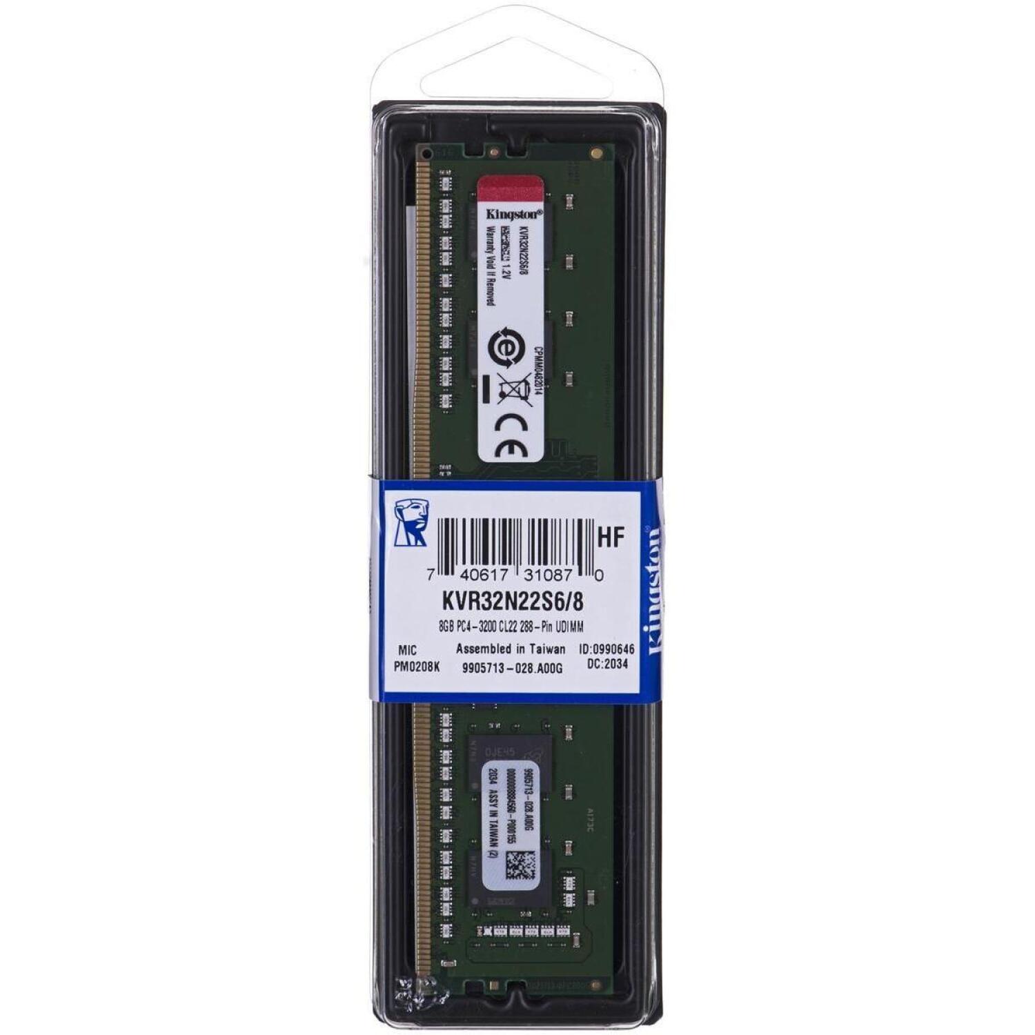 Kingston модуль памяти KVR32N22S6/8, 8 ГБ, 3200 МГц, CL22, небуферизованный, 288-контактный DIMM (KVR32N22S6/8)