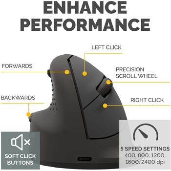 Fellowes Breyta Plus+ 100143584, vertikālā datorpele, 2400 DPI, optiskā, Bluetooth + USB Type-C, kreisrocīga, ergonomiska, klusa (100143584)