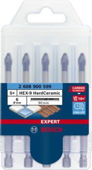 HEX-9 HardCeramic 6x90 mm, 5 gab., Triecienurbjmašīnām/triecienskrūvgriežiem, urbjmašīnām/skrūvgriežiem, tiecienskrūvgriežiem EXPERT HEX-9 HARD CERAMIC URBJU KOMPLEKTS, 2608900599, BOSCH (2608900599)