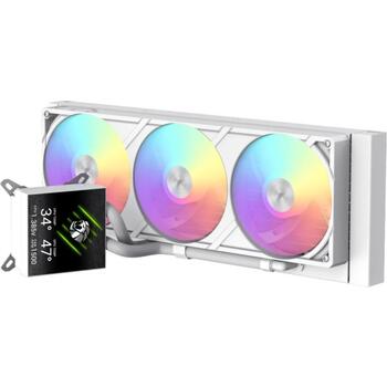 Gamemax procesora šķidruma dzesētājs GLACIER 360 LCD WH, 85.82 cfm, TDP līdz 330W, ARGB ventilators, 800-2000 rpm (GLACIER 360 LCD WH)