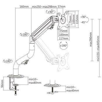 Gembird LCD монитор крепление MA-DA1-02, 1 рука, 8 кг, 17-32'', VESA 75x75/100x100, черный, газовая пружина (MA-DA1-02)
