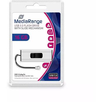 Mediarange USB флеш-накопитель MR915, 16GB, USB 3.2 Gen 1, скорость чтения 50MB/s, скорость записи 15MB/s, черный/серебристый (MR915)