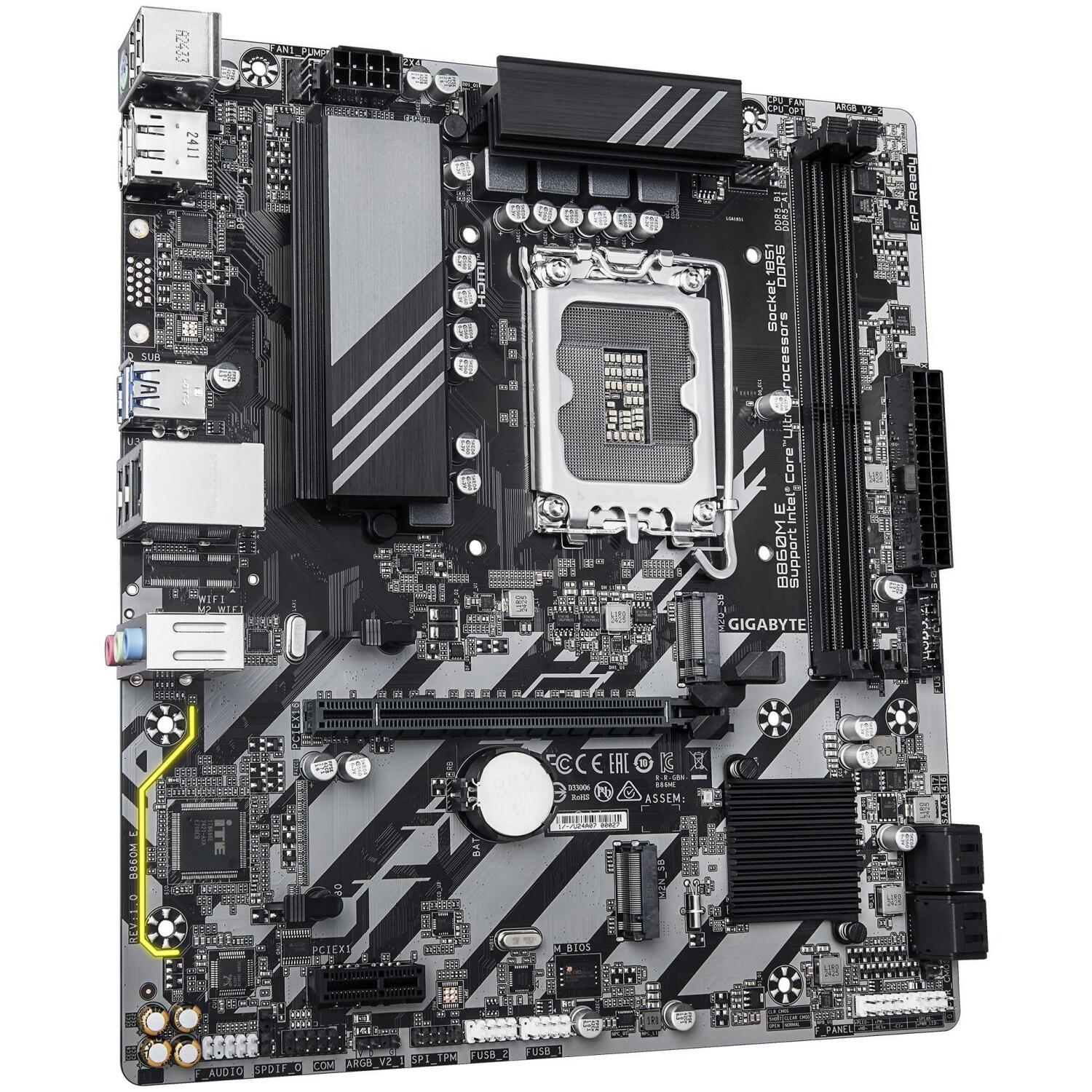 Gigabyte Материнская плата B860M E 1.0, Intel Core Ultra, 4+1+2 фазы VRM, до 8800MHz DDR5, 2xPCIe 4.0 M.2, 1GbE LAN, USB 3.2 Gen 1 (B860M E 1.0)