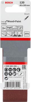 Slīplente kokam, vario 40x303,K120,3 gab., Lentes slīpmašīnām PRO X440 SLĪPLENTA, 2608606208, BOSCH (2608606208)