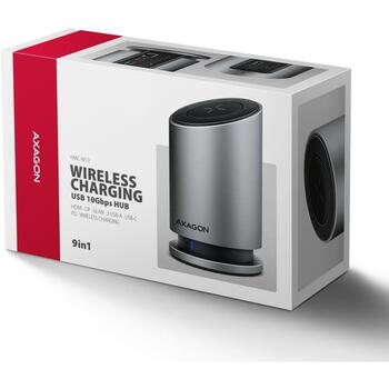 Axagon dokstacija HMC-WL9 10Gbps, 1× HDMI 4K/60Hz, 1× DP 4K/60Hz, 3× USB-A, 1× USB-C, 1× RJ45, 15 W bezvadu uzlāde (HMC-WL9)