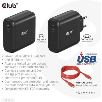 Club3D зарядное устройство CAC-1908EU 100W, USB Type-C, PD 3.0, 100-240VAC, 5V/9V/12V/15V ≤ 3A, 20V ≤ 5A, OCP, OVP, SCP, OTP (CAC-1908EU)