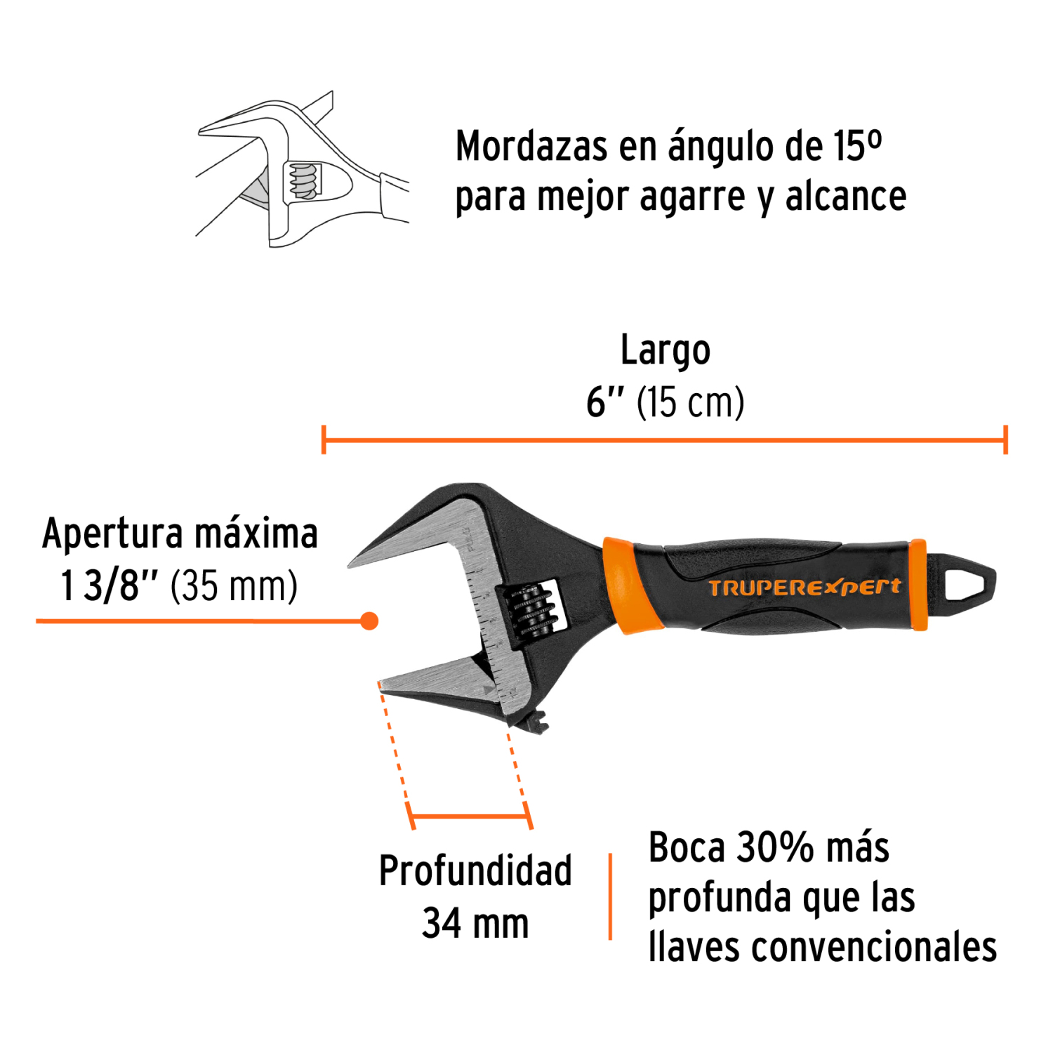 Regulējama uzgriežņu atslēga ar īpaši platu žokli, 150 mm Expert® PET-6XA TRUPER (PET-6XA)